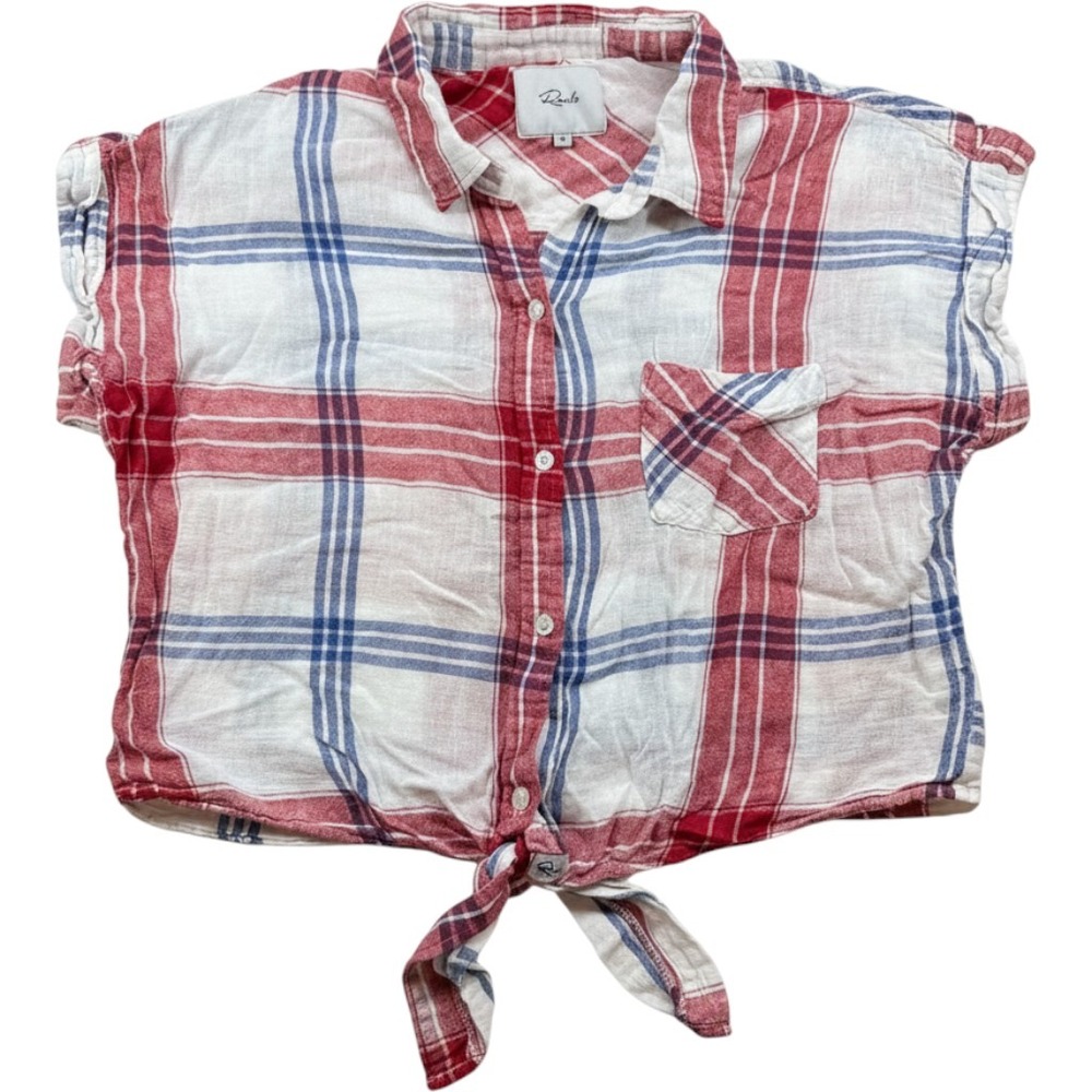 Rails Amelie Plaid Front Tie Linen Blend Top Carmine Blue White Medium